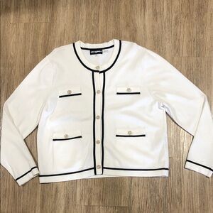 New Karl Lagerfeld Paris White Knit cardigan with Black Trim and Gold Buttons XL